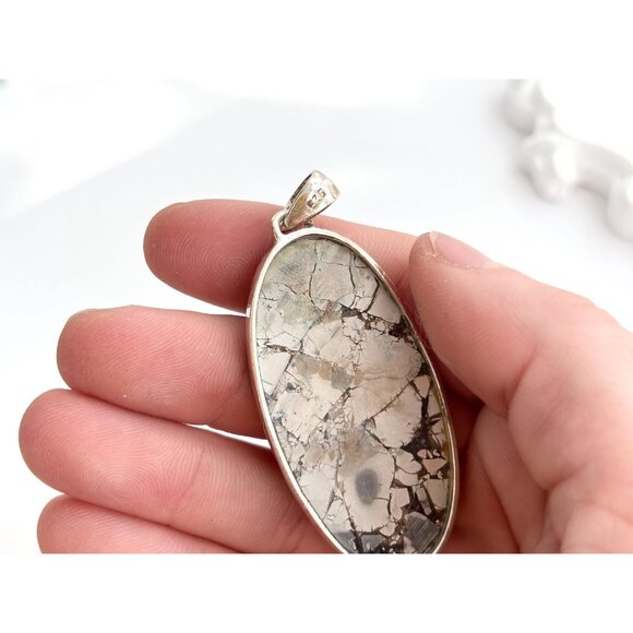 Maligano Jasper Oval Shaped Large Sterling Silver 925 Vintage Statement Pendant - Picture 5 of 10